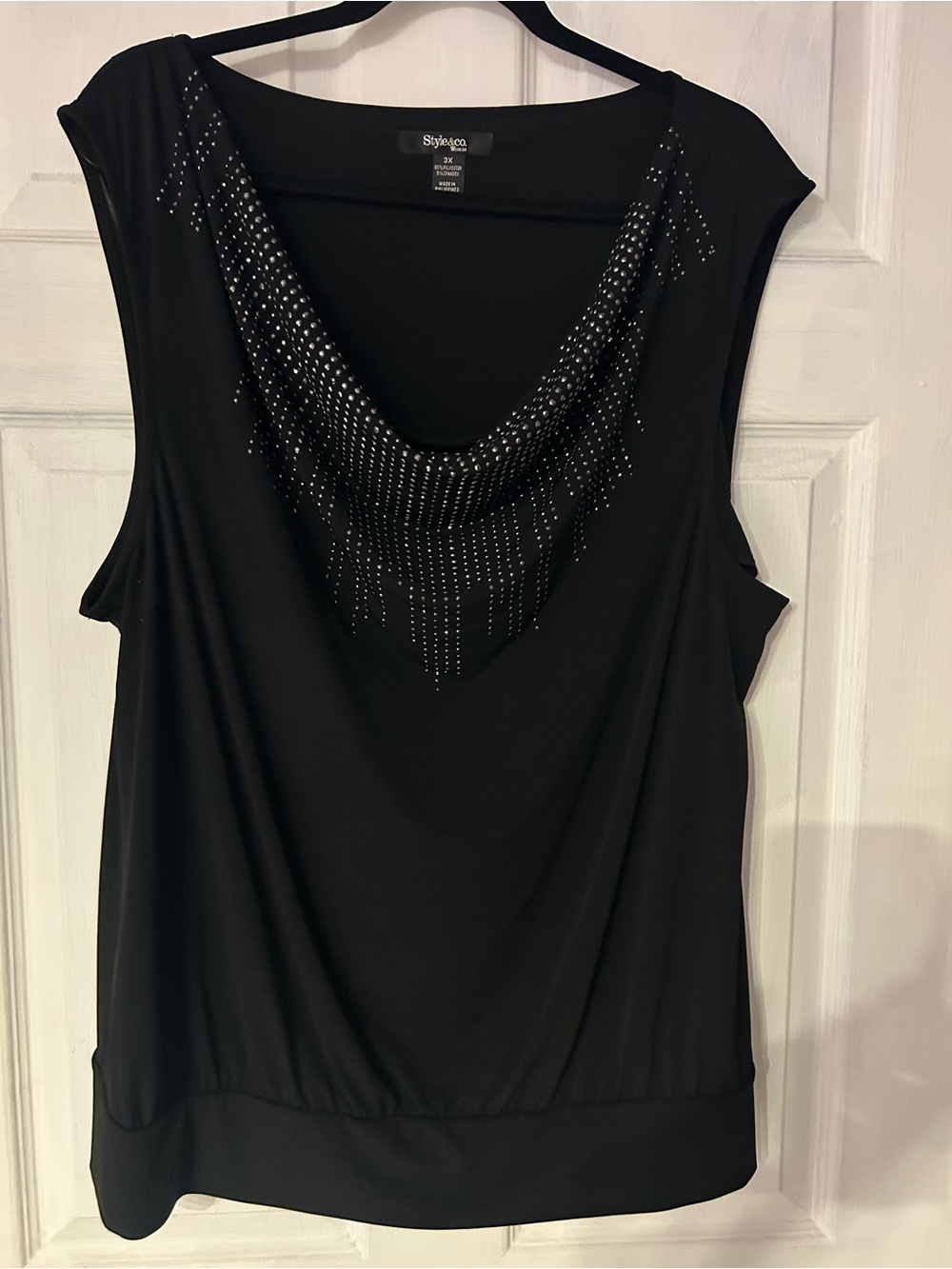 Style & Co. Black Sleeveless Cowl Neck Tank with Rhinestone Fringe